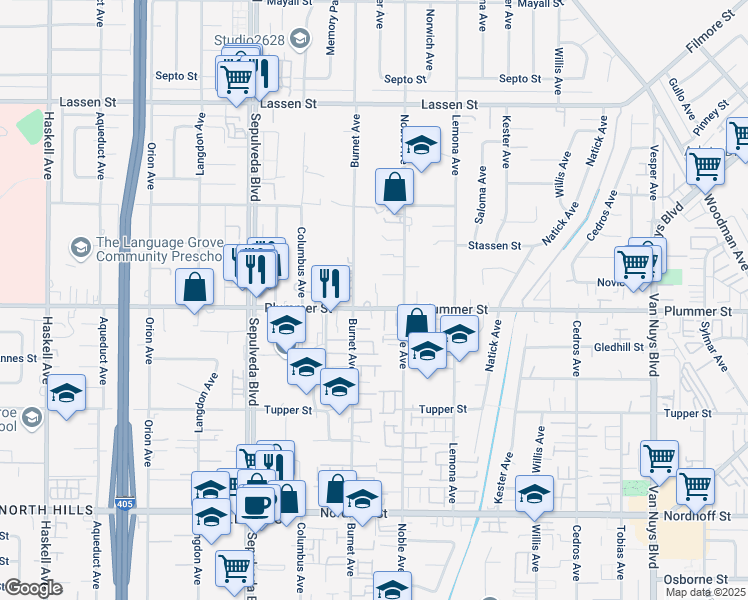 map of restaurants, bars, coffee shops, grocery stores, and more near 15131 Plummer Street in Los Angeles