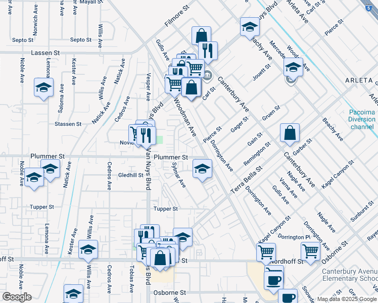 map of restaurants, bars, coffee shops, grocery stores, and more near 14415 Plummer Street in Los Angeles