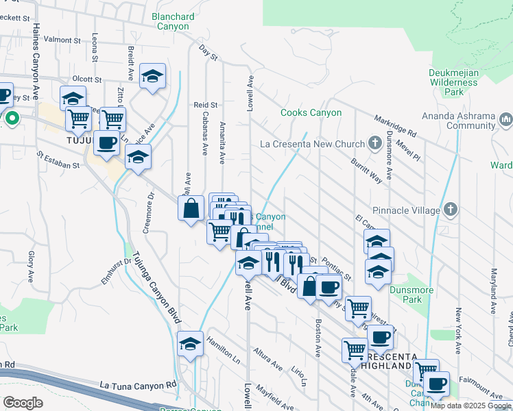 map of restaurants, bars, coffee shops, grocery stores, and more near 4653 Lowell Avenue in Glendale
