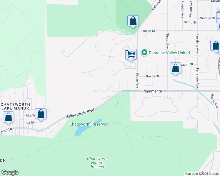 map of restaurants, bars, coffee shops, grocery stores, and more near 22757 Plummer Street in Los Angeles