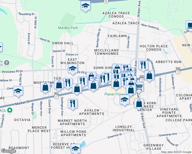 map of restaurants, bars, coffee shops, grocery stores, and more near 106 Barclay Hills Dr in Wilmington