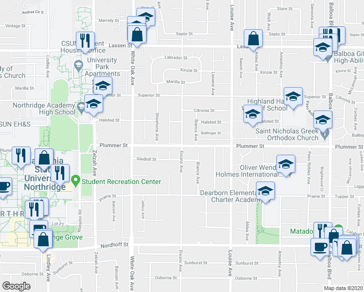 map of restaurants, bars, coffee shops, grocery stores, and more near Plummer Street & Encino Avenue in Los Angeles