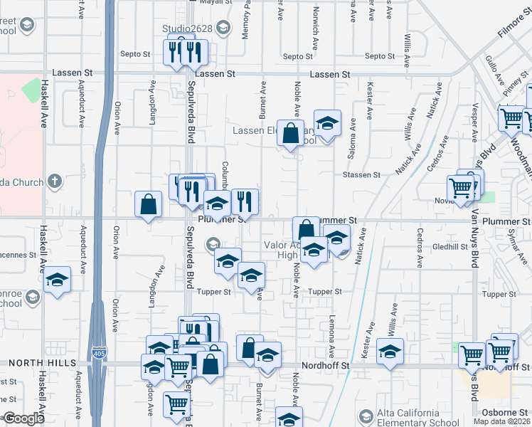 map of restaurants, bars, coffee shops, grocery stores, and more near 9506 Burnet Avenue in Los Angeles