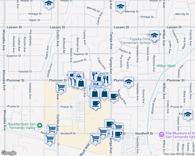 map of restaurants, bars, coffee shops, grocery stores, and more near 19361 Plummer Street in Los Angeles