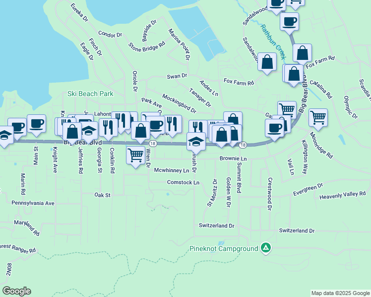 map of restaurants, bars, coffee shops, grocery stores, and more near 41659 Big Bear Boulevard in Big Bear Lake