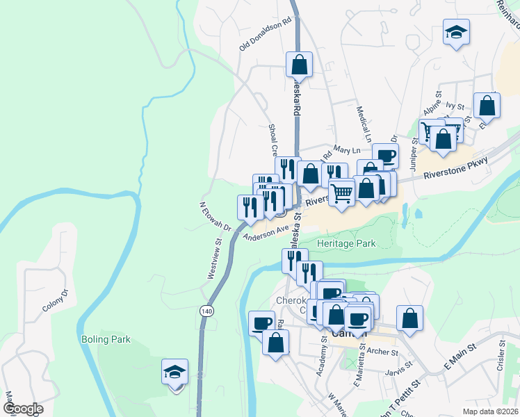 map of restaurants, bars, coffee shops, grocery stores, and more near 240 Marietta Highway in Canton