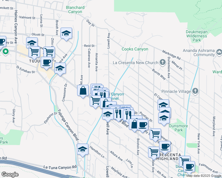 map of restaurants, bars, coffee shops, grocery stores, and more near 4653 Lowell Avenue in Glendale