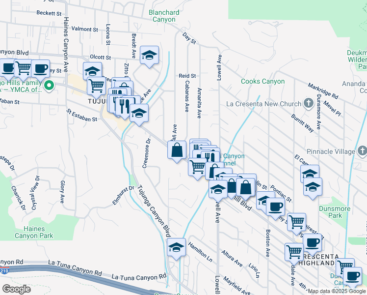 map of restaurants, bars, coffee shops, grocery stores, and more near 9710 Cabanas Avenue in Los Angeles