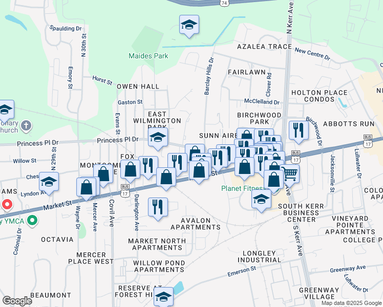 map of restaurants, bars, coffee shops, grocery stores, and more near 3915 Princess Place Drive in Wilmington