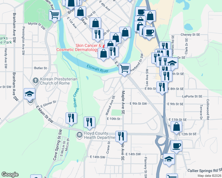 map of restaurants, bars, coffee shops, grocery stores, and more near 310 East 6th Street in Rome