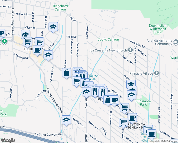 map of restaurants, bars, coffee shops, grocery stores, and more near 4644 Lowell Avenue in Glendale