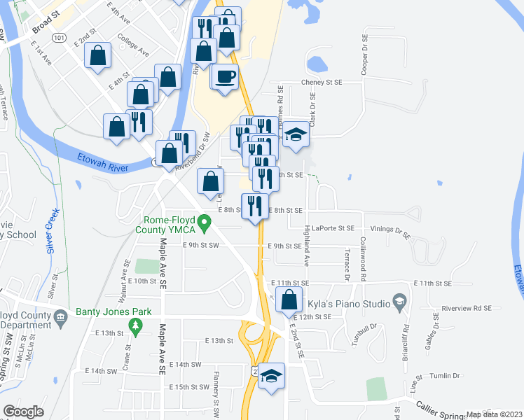 map of restaurants, bars, coffee shops, grocery stores, and more near 304 East 8th Street Southeast in Rome