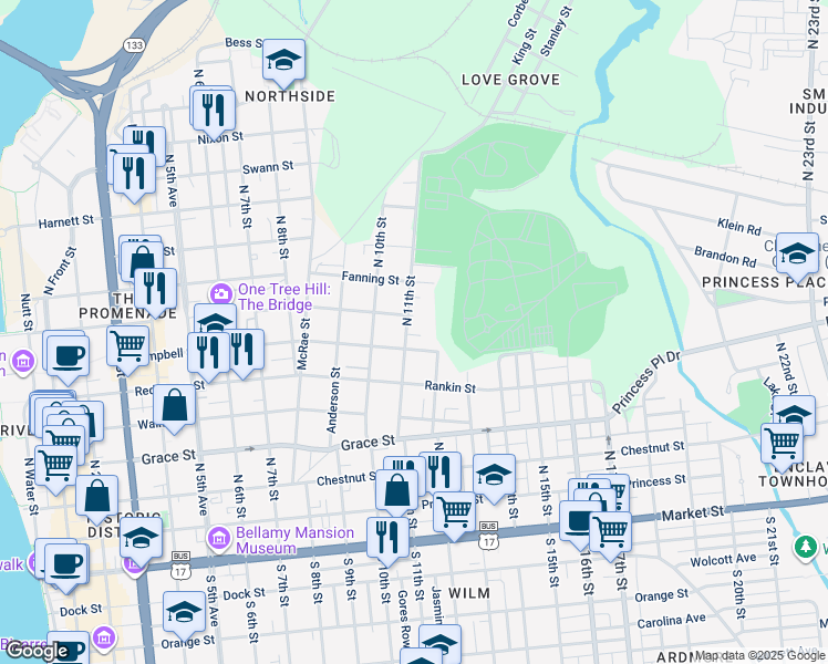 map of restaurants, bars, coffee shops, grocery stores, and more near 614 North 11th Street in Wilmington