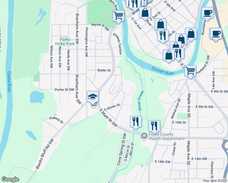 map of restaurants, bars, coffee shops, grocery stores, and more near 102 Lookout Circle Southwest in Rome