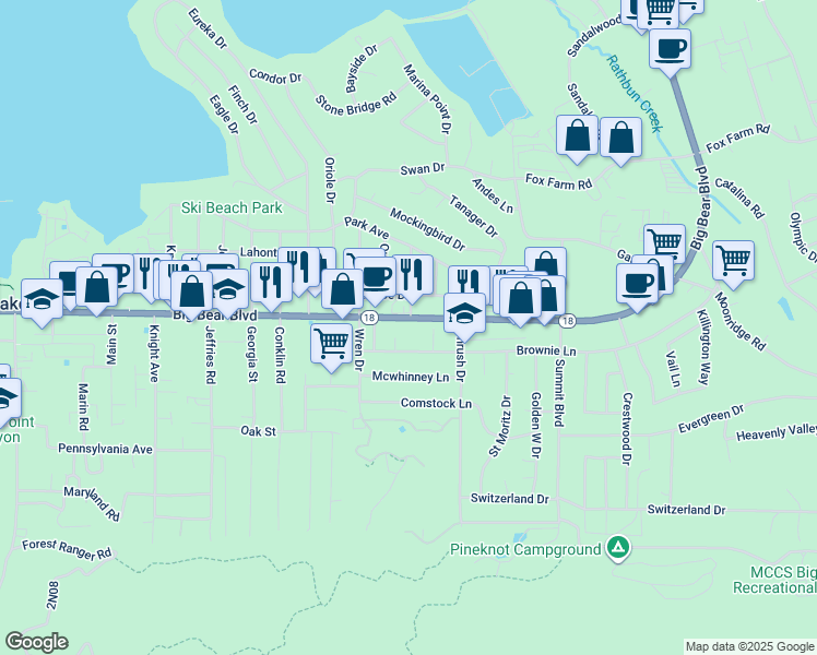 map of restaurants, bars, coffee shops, grocery stores, and more near 41609 Big Bear Boulevard in Big Bear Lake