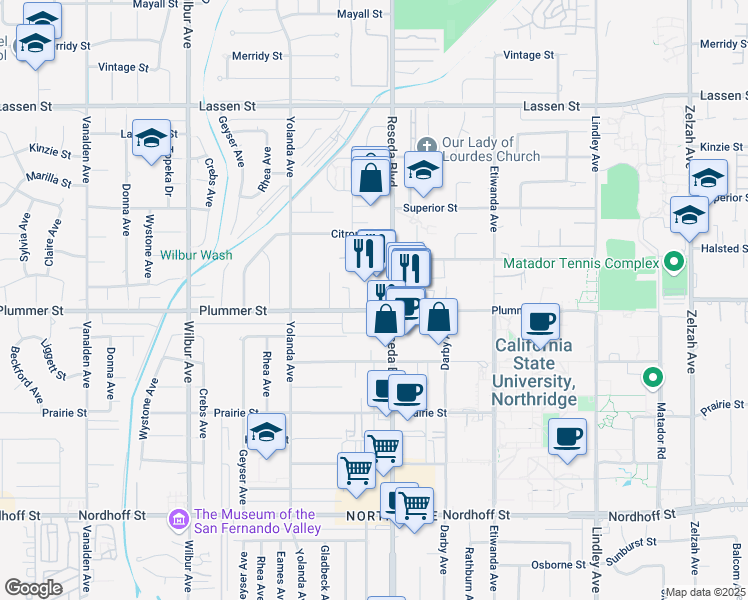 map of restaurants, bars, coffee shops, grocery stores, and more near 9545 Reseda Boulevard in Los Angeles