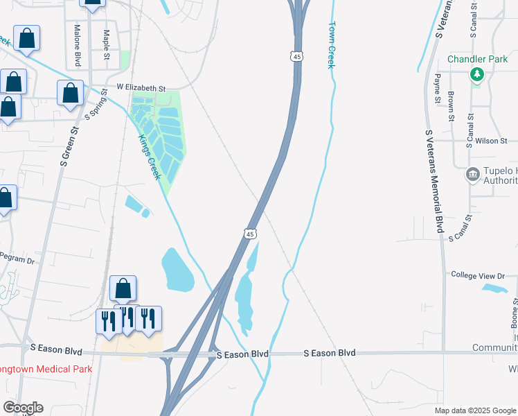 map of restaurants, bars, coffee shops, grocery stores, and more near U.S. 45 in Tupelo
