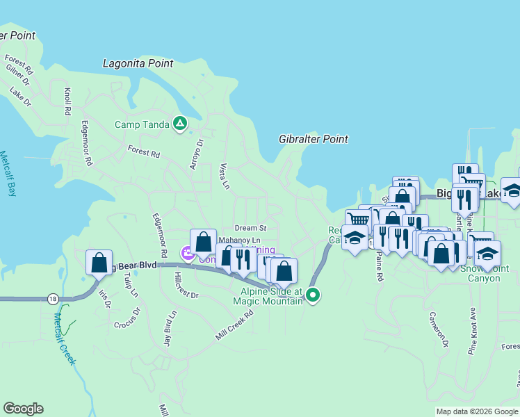 map of restaurants, bars, coffee shops, grocery stores, and more near 40195 Narrow Lane in Big Bear Lake