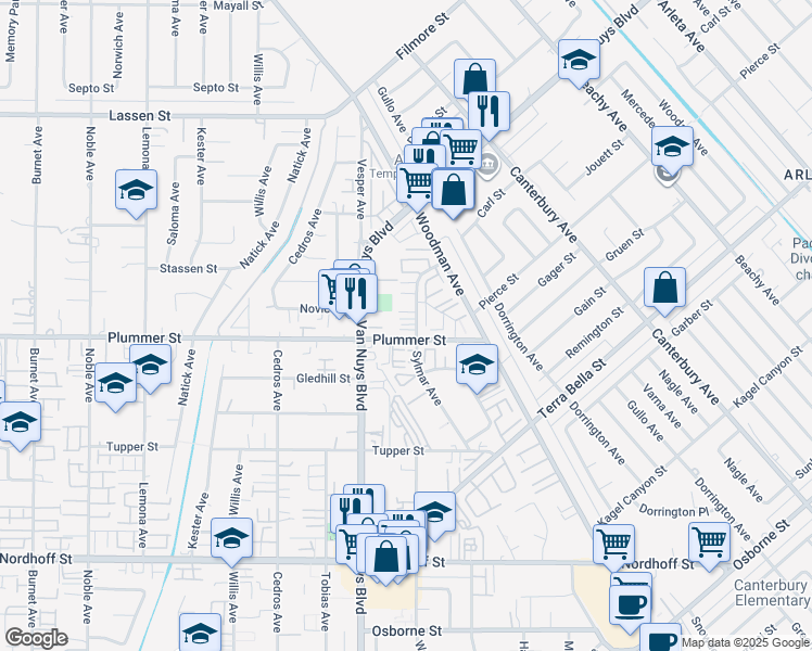 map of restaurants, bars, coffee shops, grocery stores, and more near 9525 Sylmar Avenue in Los Angeles