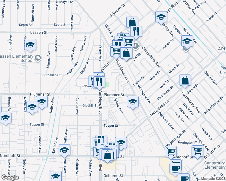 map of restaurants, bars, coffee shops, grocery stores, and more near 9525 Sylmar Avenue in Los Angeles