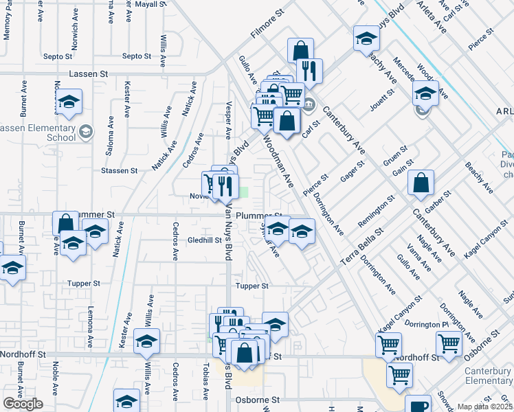 map of restaurants, bars, coffee shops, grocery stores, and more near 9525 Sylmar Avenue in Los Angeles