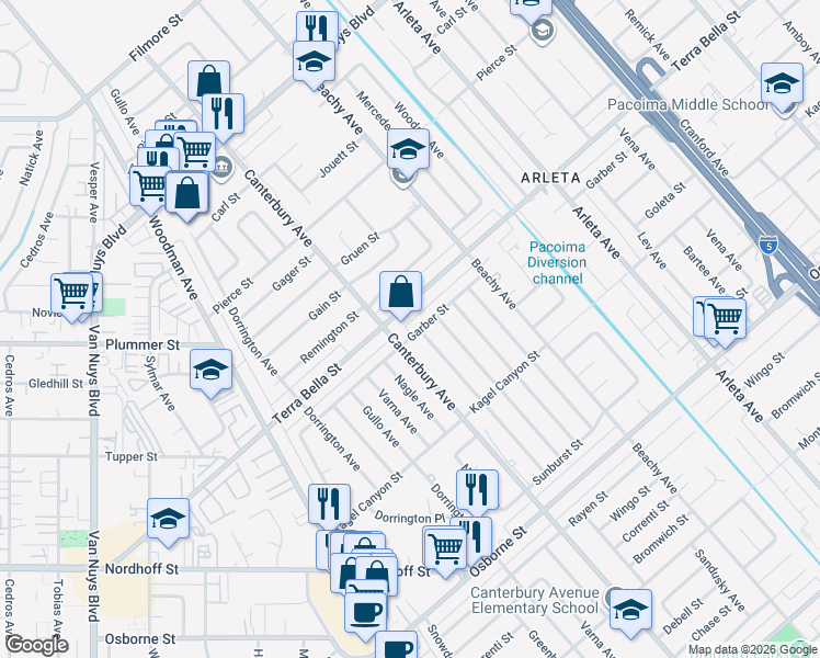 map of restaurants, bars, coffee shops, grocery stores, and more near 13979 Garber Street in Los Angeles