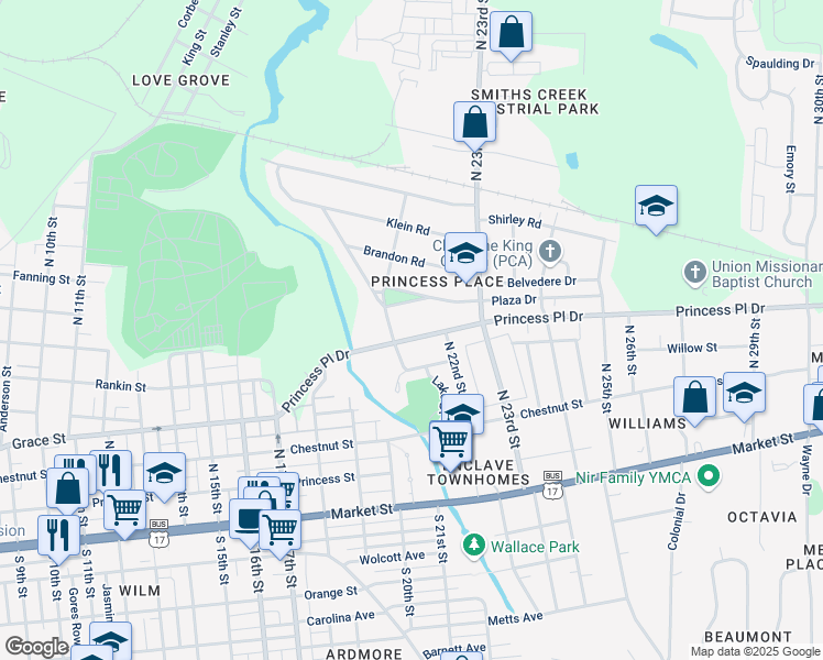 map of restaurants, bars, coffee shops, grocery stores, and more near 2107 Princess Place Drive in Wilmington