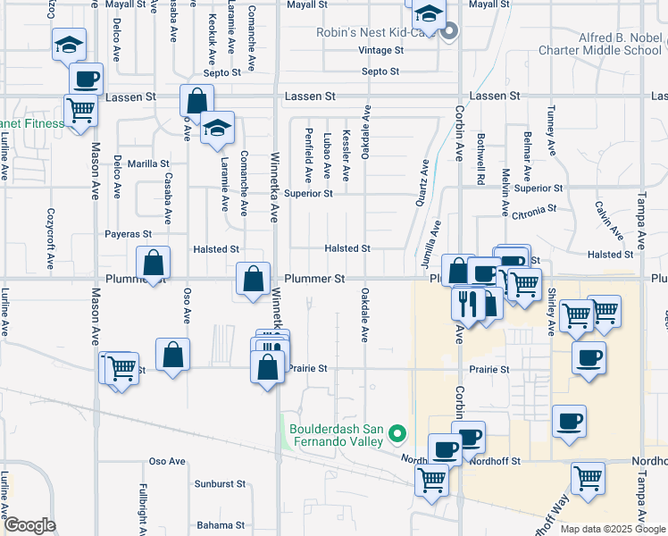 map of restaurants, bars, coffee shops, grocery stores, and more near 9523 Lubao Avenue in Los Angeles