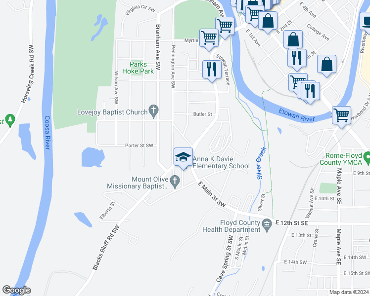 map of restaurants, bars, coffee shops, grocery stores, and more near 604 South Broad Street in Rome