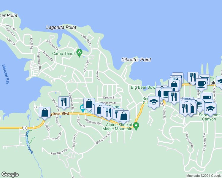 map of restaurants, bars, coffee shops, grocery stores, and more near 524 Wanita Lane in Big Bear Lake