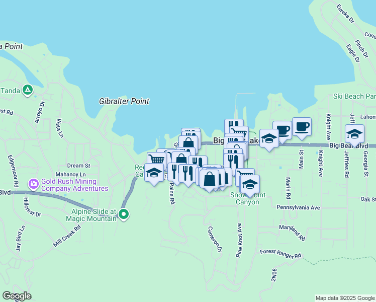 map of restaurants, bars, coffee shops, grocery stores, and more near 40626 Big Bear Boulevard in Big Bear Lake