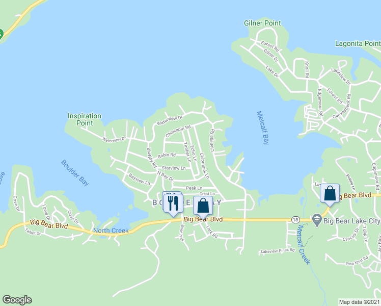 map of restaurants, bars, coffee shops, grocery stores, and more near 541 Timber Lane in Big Bear Lake