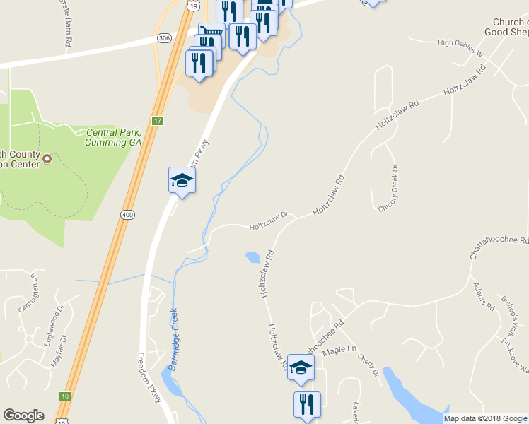 map of restaurants, bars, coffee shops, grocery stores, and more near 3150 Holtzclaw Drive in Cumming