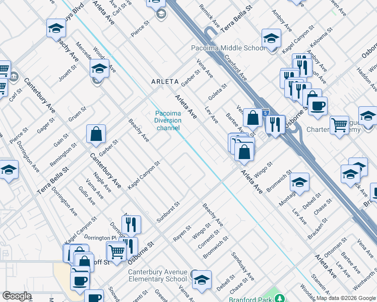 map of restaurants, bars, coffee shops, grocery stores, and more near 9518 Woodale Avenue in Los Angeles