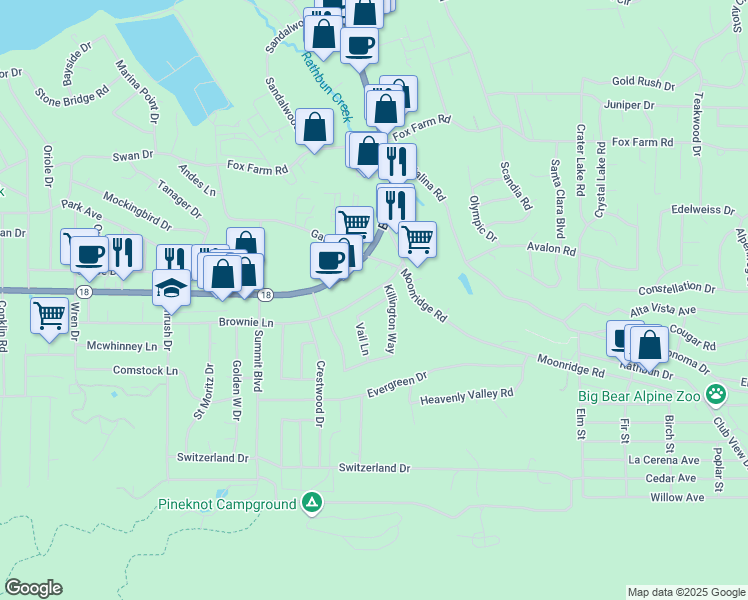 map of restaurants, bars, coffee shops, grocery stores, and more near 42106 Snowmass Lane in Big Bear Lake