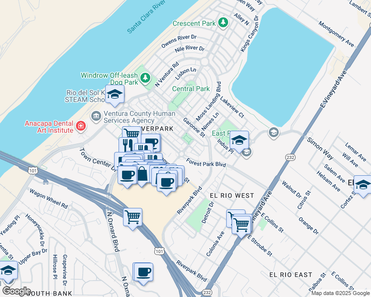 map of restaurants, bars, coffee shops, grocery stores, and more near 2901 Moonlight Park Avenue in Oxnard