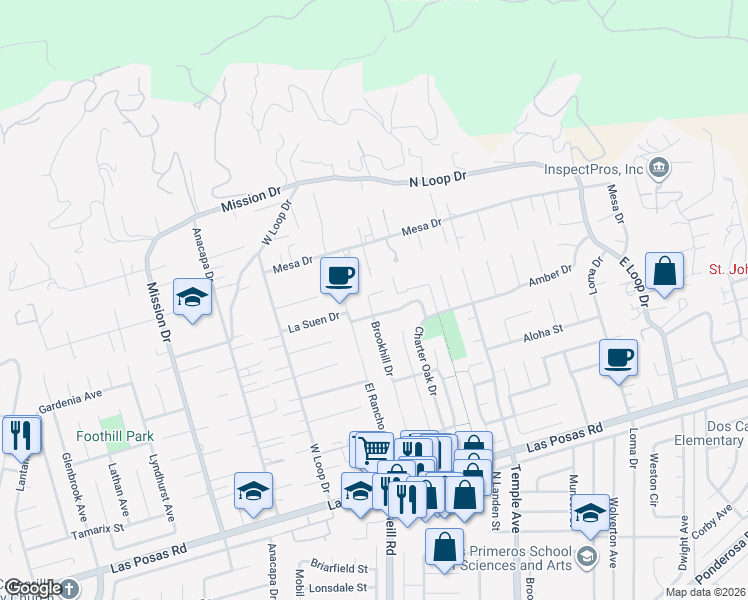 map of restaurants, bars, coffee shops, grocery stores, and more near 2458 Brookhill Drive in Camarillo
