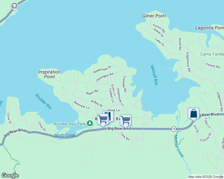 map of restaurants, bars, coffee shops, grocery stores, and more near 541 Timber Lane in Big Bear Lake