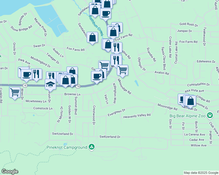 map of restaurants, bars, coffee shops, grocery stores, and more near 42106 Snowmass Lane in Big Bear Lake