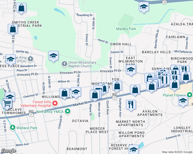 map of restaurants, bars, coffee shops, grocery stores, and more near 3045 Pauline Lane in Wilmington