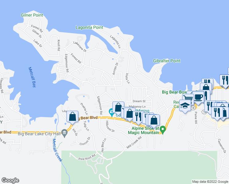 map of restaurants, bars, coffee shops, grocery stores, and more near 40053 Forest Road in Big Bear Lake