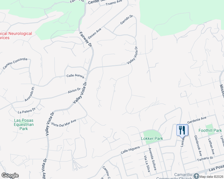 map of restaurants, bars, coffee shops, grocery stores, and more near 118 Cerro Crest Drive in Camarillo