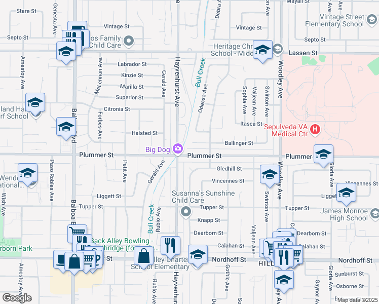 map of restaurants, bars, coffee shops, grocery stores, and more near 16526 Ballinger Street in Los Angeles