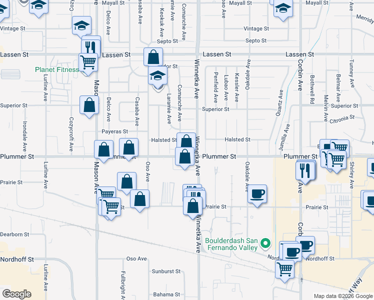 map of restaurants, bars, coffee shops, grocery stores, and more near 20112 Halsted Street in Los Angeles