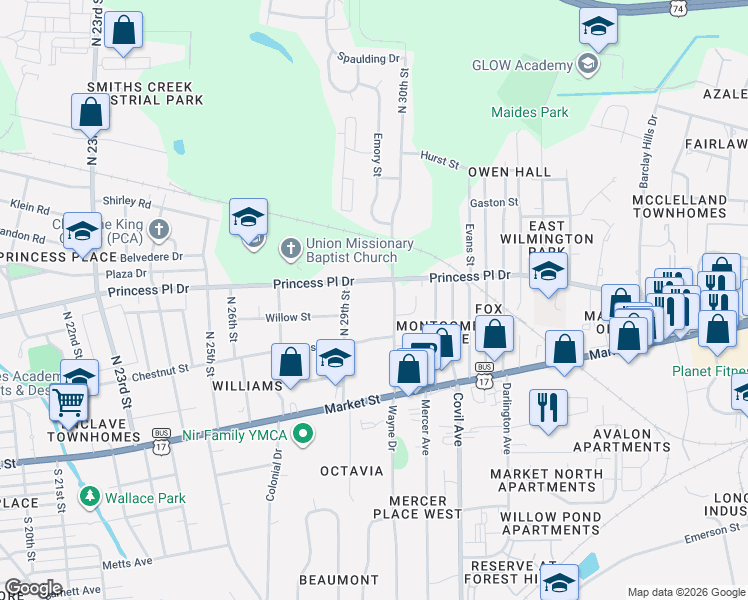 map of restaurants, bars, coffee shops, grocery stores, and more near 2912 Princess Place Drive in Wilmington