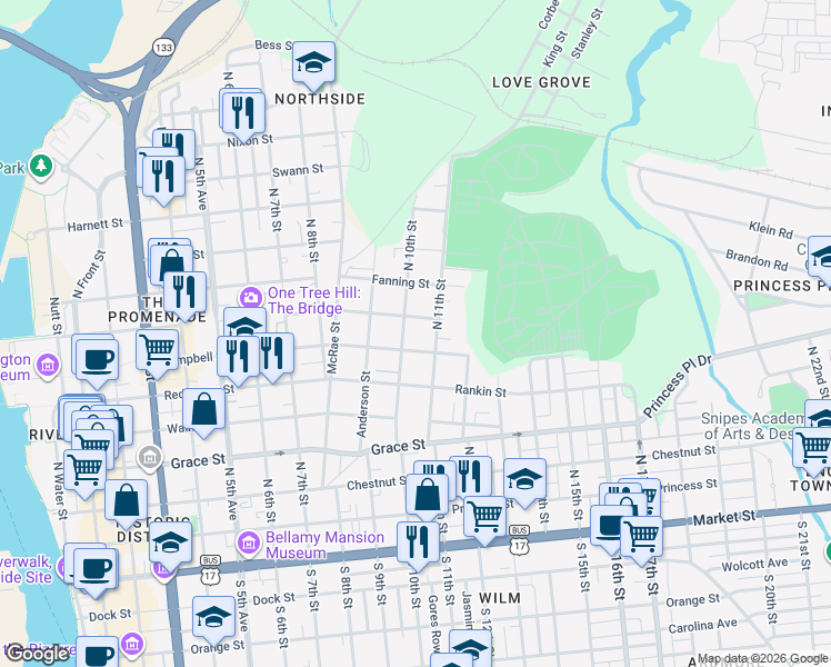 map of restaurants, bars, coffee shops, grocery stores, and more near 616 North 10th Street in Wilmington