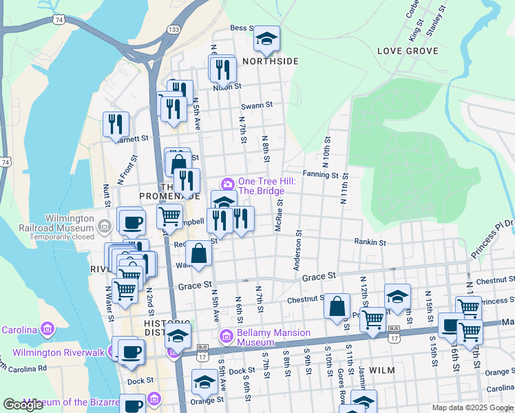 map of restaurants, bars, coffee shops, grocery stores, and more near 616 North 7th Street in Wilmington