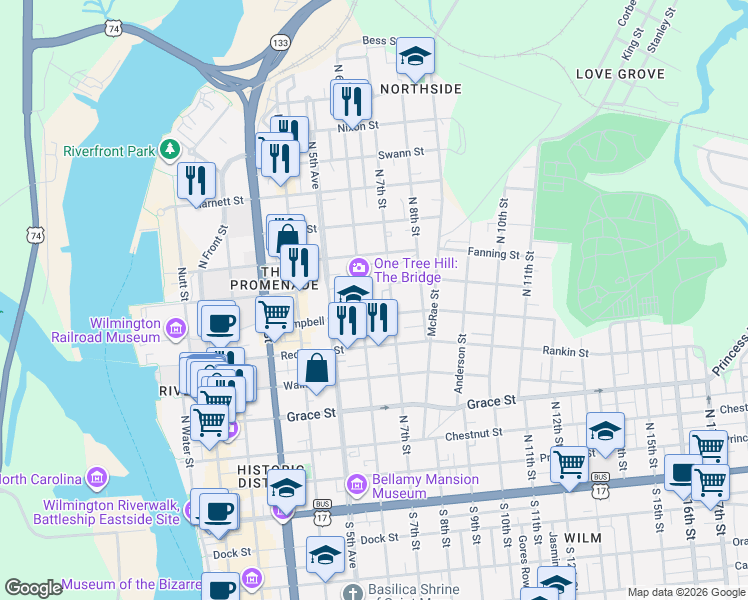 map of restaurants, bars, coffee shops, grocery stores, and more near 625 North 6th Street in Wilmington
