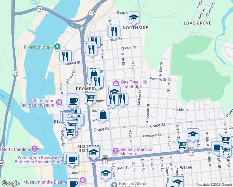 map of restaurants, bars, coffee shops, grocery stores, and more near 625 North 6th Street in Wilmington