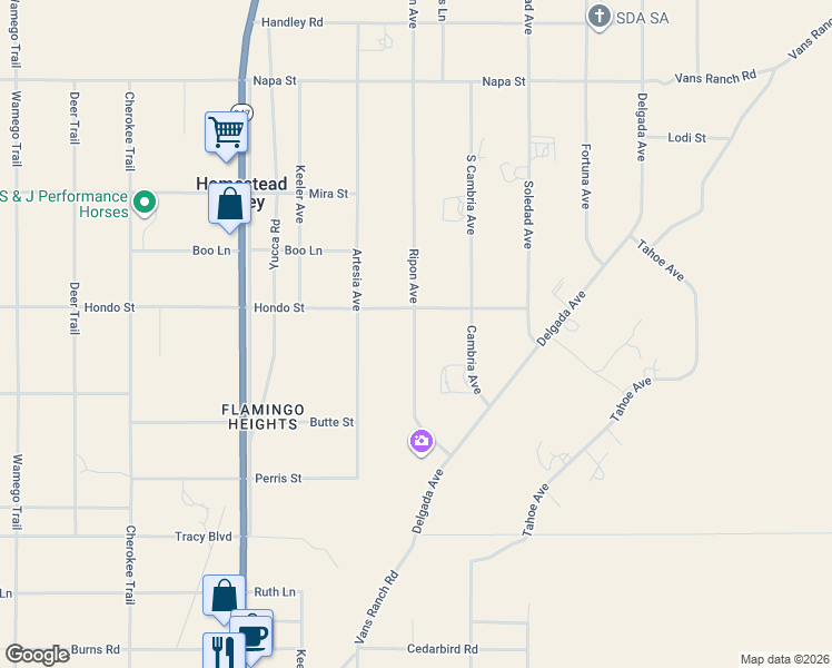 map of restaurants, bars, coffee shops, grocery stores, and more near 56375 Hondo Street in Yucca Valley